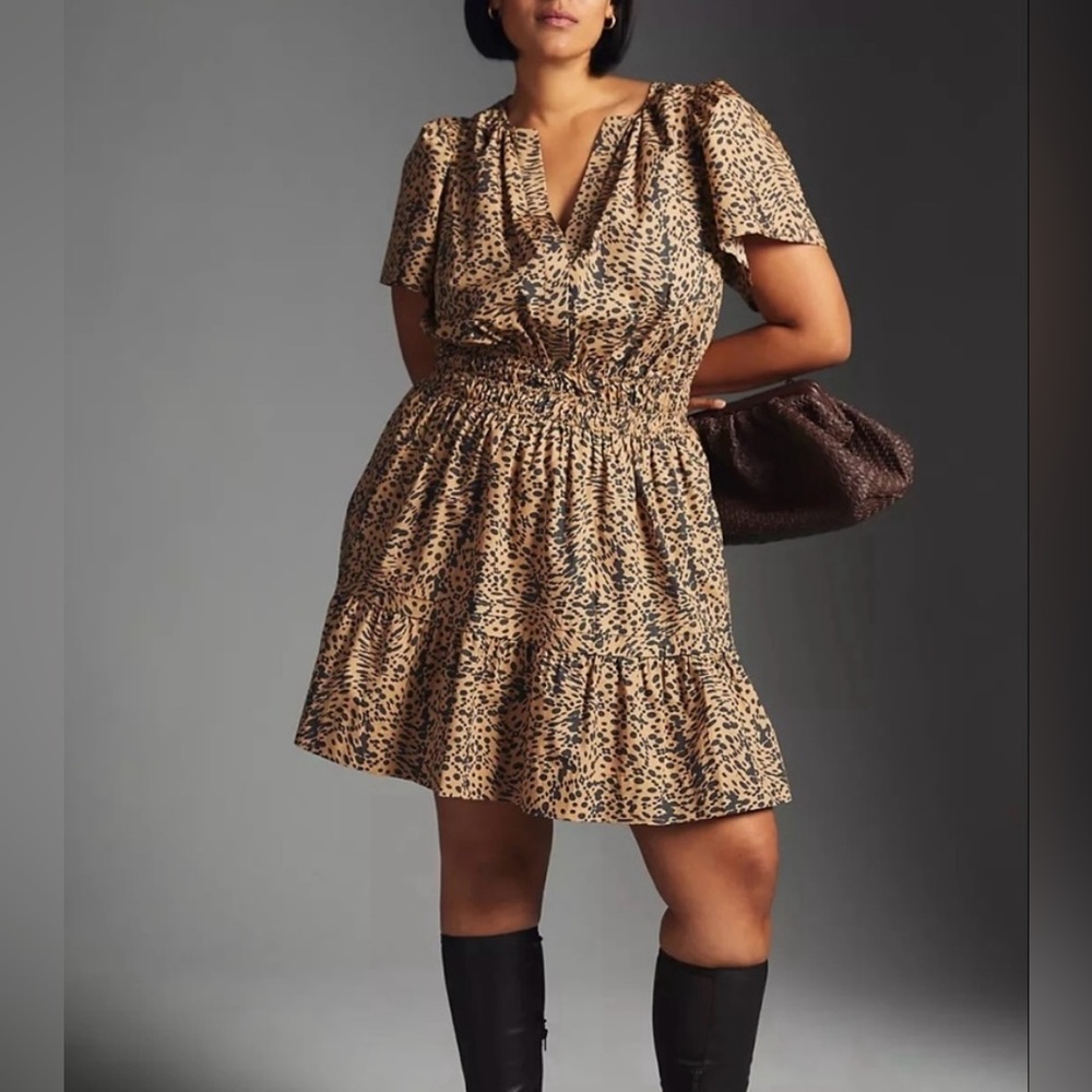 Anthropologie Somerset Animal Print Short Sleeve Mini Dress, Brown & Blk, Sz L - Picture 2 of 16
